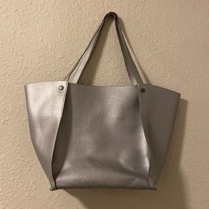Neiman Marcus Large Silver Metallic Faux Leather Tote Bag